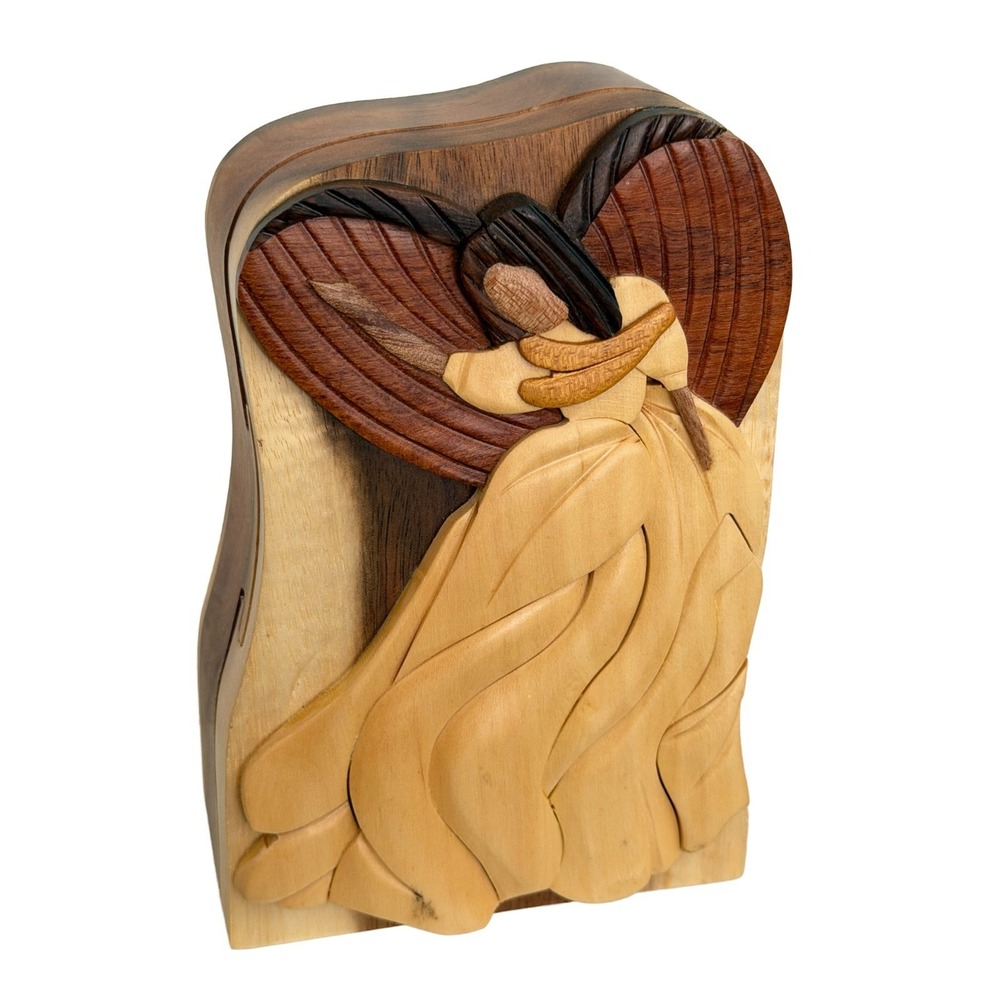 Wooden Angel Trinket Jewelry Puzzle Box Hand Carved Vietnam Carver Dan